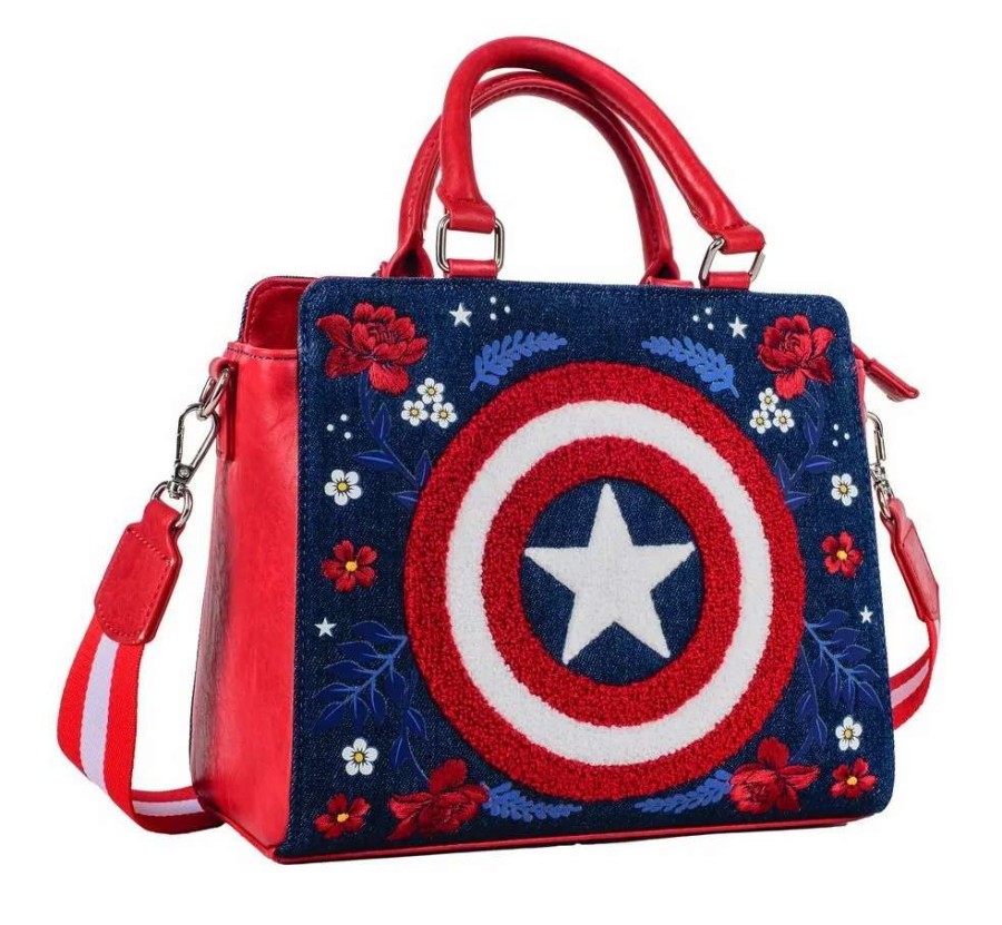 T-Shirts And Clothing * | Captain America: 80Th Anniversary Floral Shield Loungefly Crossbody Bag Cheap Online