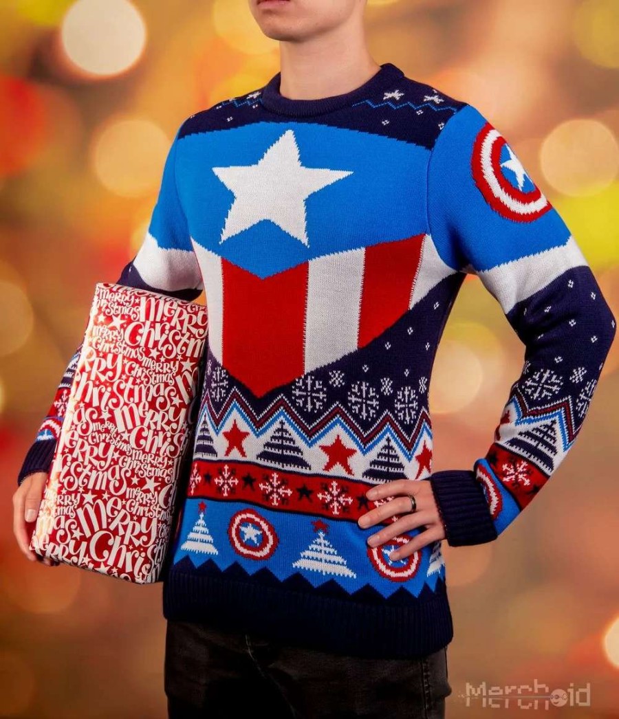 T-Shirts And Clothing * | Captain America: Red White And Blue Ugly Christmas Sweater Unique